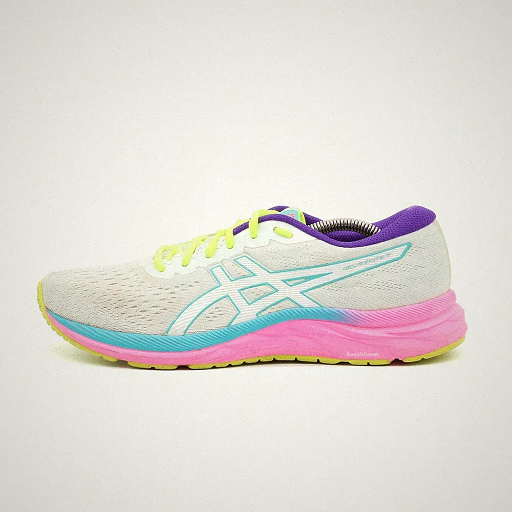 ASICS Damen GEL-EXCITE 7 Sneaker Weiß Gelb Pink Gepolstert Laufschuh EU 41.5
