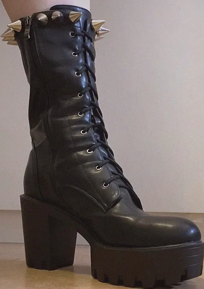Black Goth Platform Ankle Boots with Spikes on Top
