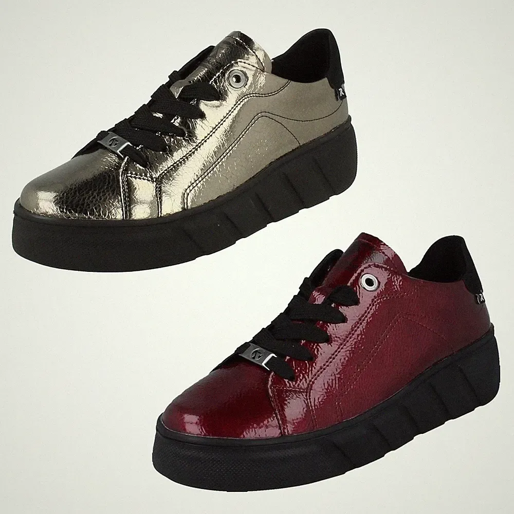 Damen Rieker W2601 Leder Schnür Sneaker Laufschuhe Metallic Rot