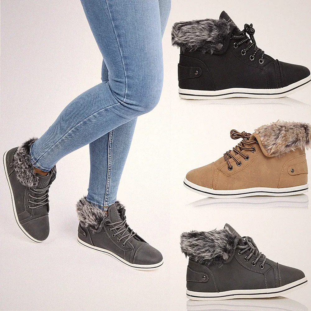 DAMEN-WINTERSCHUHE KUNSTFELL FLACH ZUM SCHNÜREN FREIZEITSCHUHE PUMPS DAMENSCHUHE