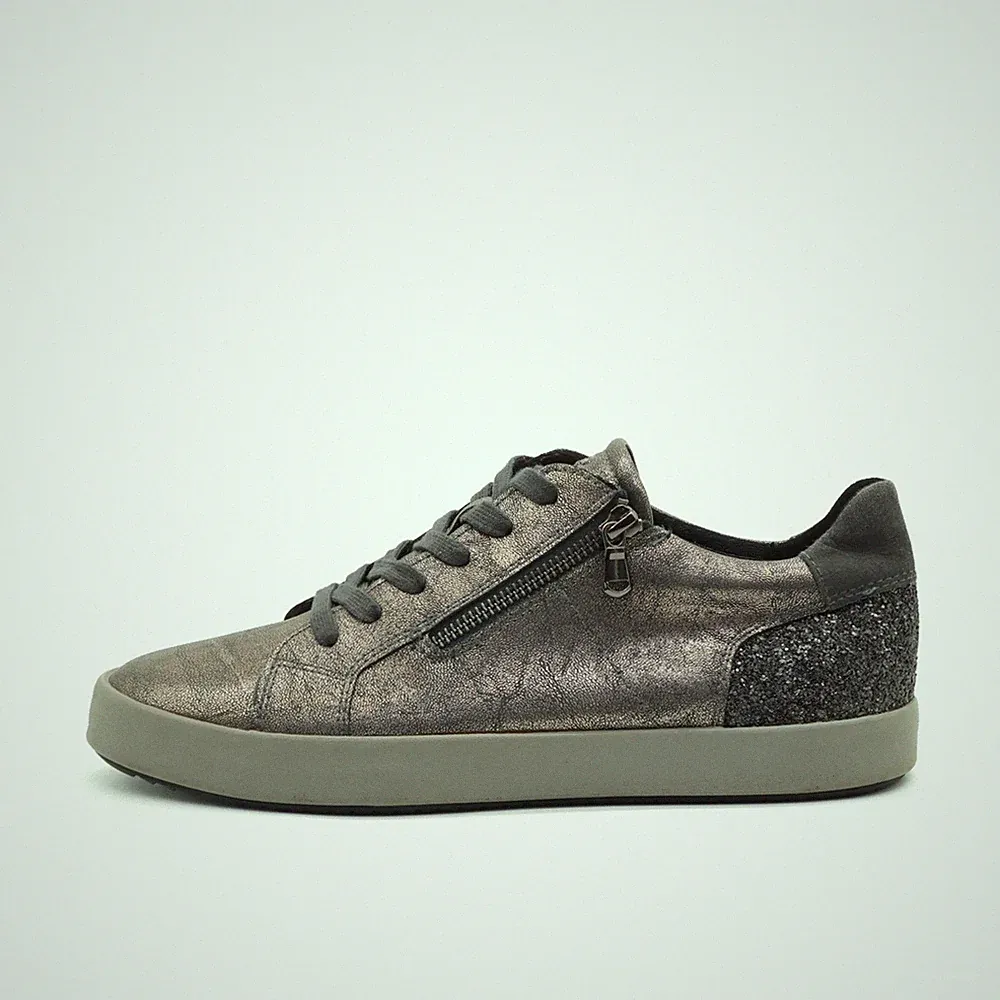 Geox Damen D5468C Sneaker Metallic Grau Leder Low Glitzerfersen Respira EU 41