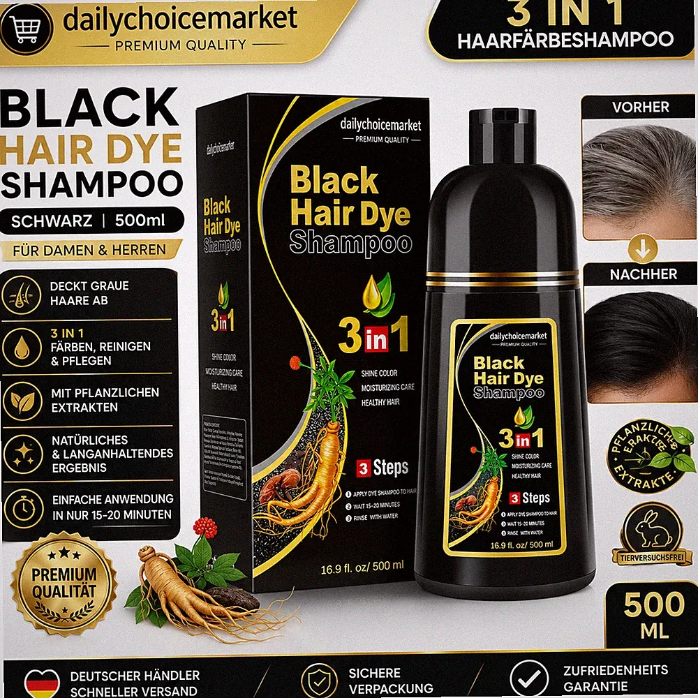 Haarfarbe Shampoo Schwarz 500 ml – 3-in-1 Haarfärbe Shampoo für Damen & Herren