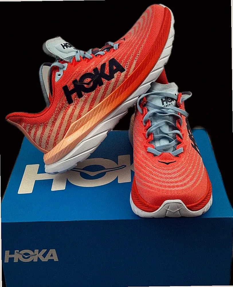 HOKA Mach 5 Damen Laufschuhe Coral/Ice Blue Gr. 43â
