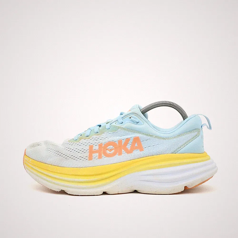 Hoka One Damen Bondi 8 Sneaker Blau Gelb Weiß Mesh Rutschfest Laufschuhe EU 40