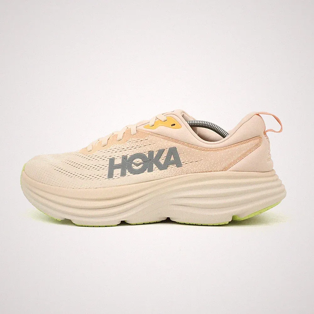 Hoka One Damen Bondi 8 Sneaker Creme Mesh Niedrig Zwischensohle Laufschuh EU 44