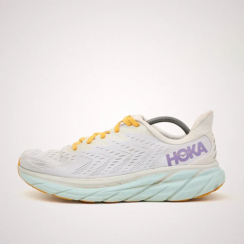 Hoka One Damen Clifton 8 Sneaker Weiß Gelb Mesh Low-Top Vegan Laufschuh EU 42⅔