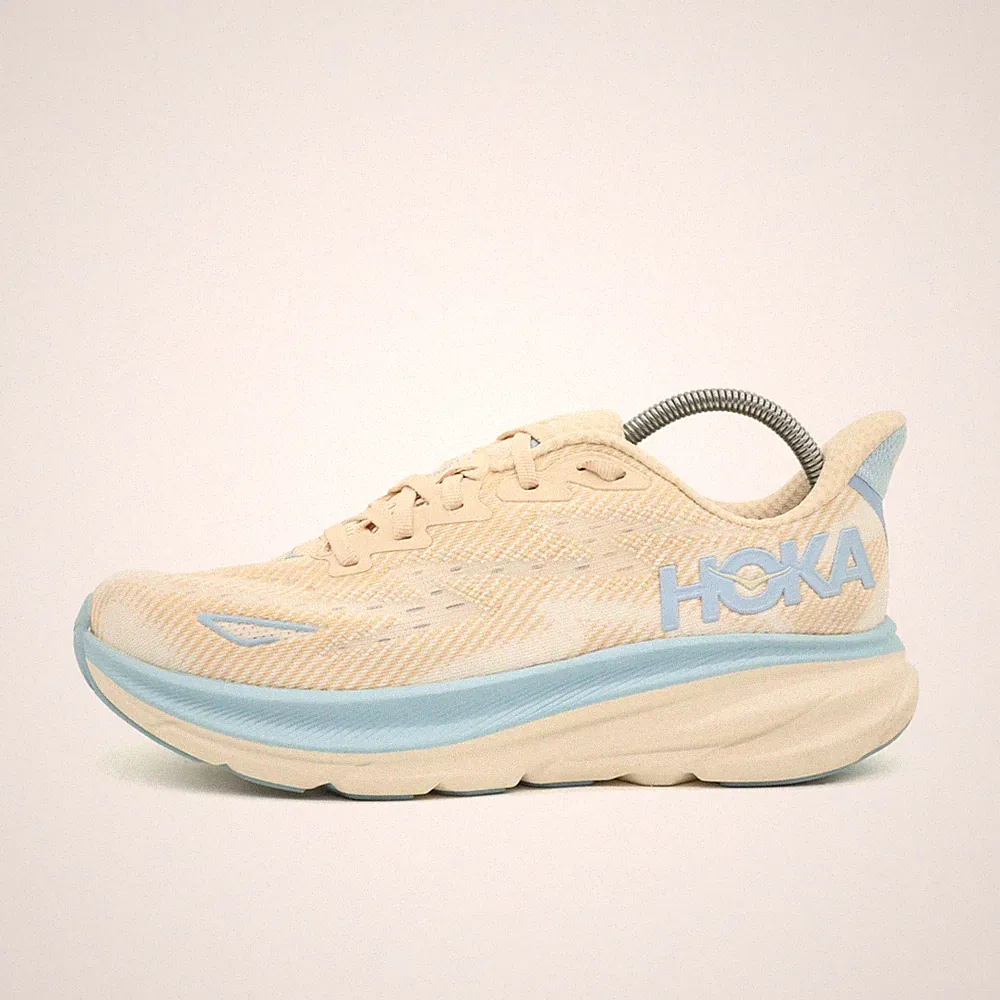 Hoka One Damen Clifton 9 Laufschuhe Beige/Blau Mesh Dämpfung Sneaker EU 38