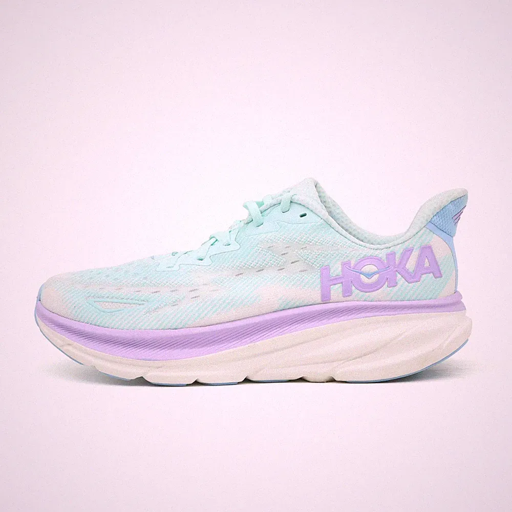 Hoka One Damen Clifton 9 Laufschuhe türkis/lila/weiß Gepolstert Laufschuh EU 45⅓