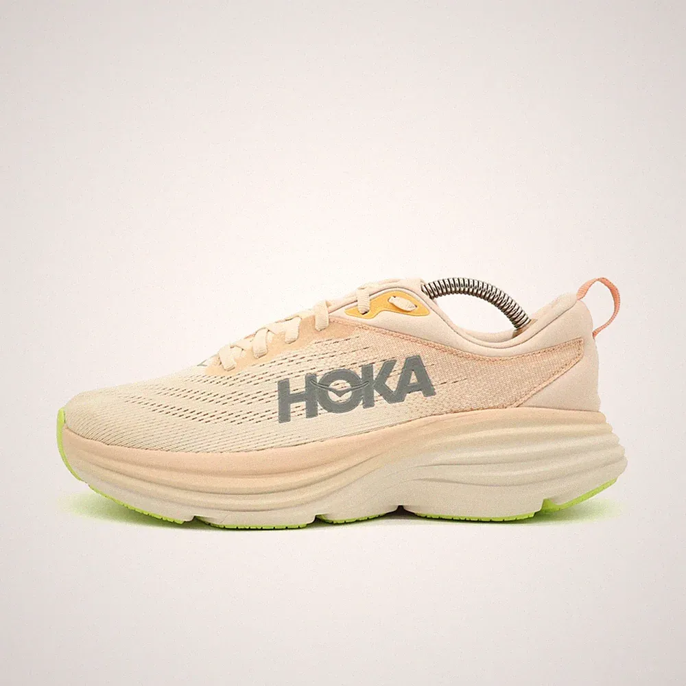Hoka One Damen Clifton 9 Sneaker Beige/Neon Gelb Mesh Low-Top Laufschuh EU 40