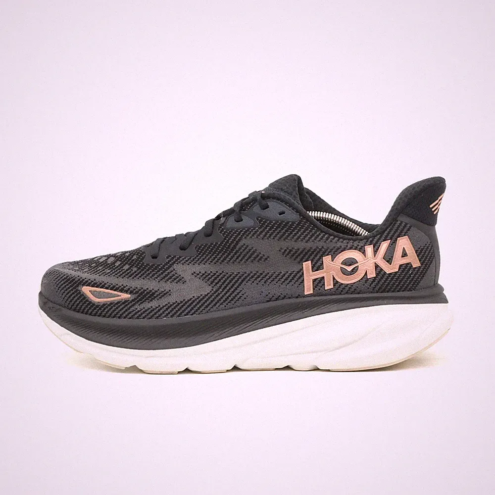 Hoka One Damen Clifton 9 Wide Sportschuhe Schwarz/Gold Mesh Laufschuhe EU 42 2/3