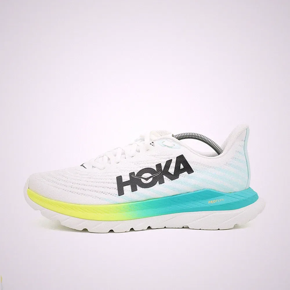 Hoka One Damen Mach 5 Laufschuhe weiß/türkis/gelb Mesh Profly+ Laufschuh EU 42