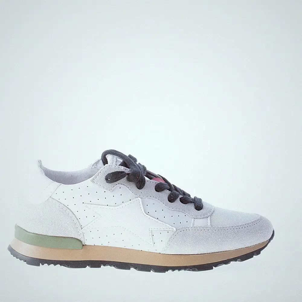 ISHIKAWA Damen Schuhe Sneaker Running Leder perforiert weiß Wildleder grau