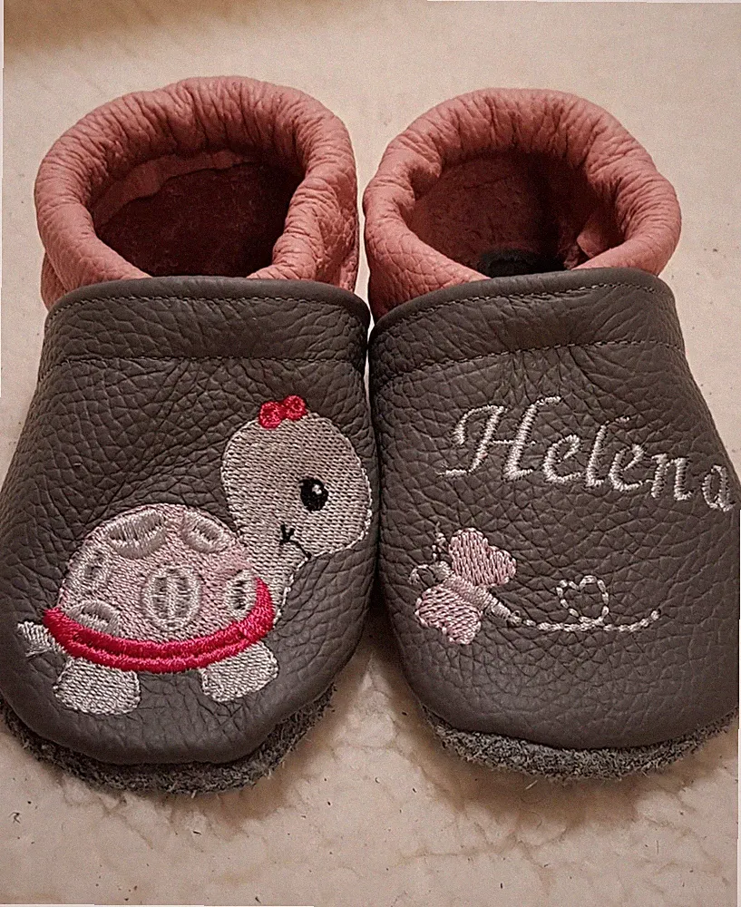Krabbelschuhe, Lauflernschuhe, Schildkröte, Lederschuhe bestickt personalisiert