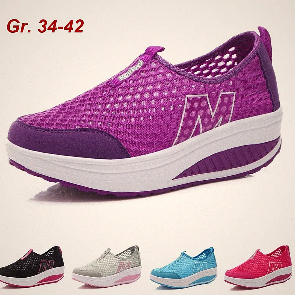 Mesh Laufschuhe Damen Leicht Turnschuhe Slip On Plateau Sportliche Walkingschuhe