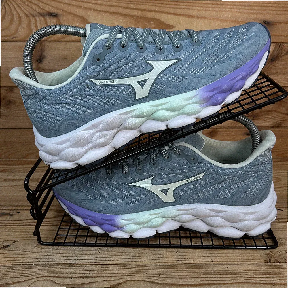 Mizuno Turnschuhe Damengröße UK 4,5 Wave Sky 8 grau Straßenlauf gepolsterte Schuhe