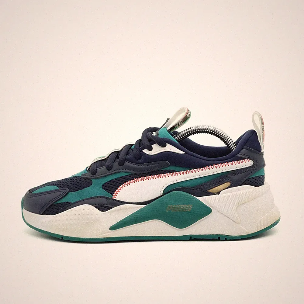 PUMA Damen RS-X Sneaker Blau/Grü/Weiß Leder/Mesh Low Top Dämpfung EU 37.5