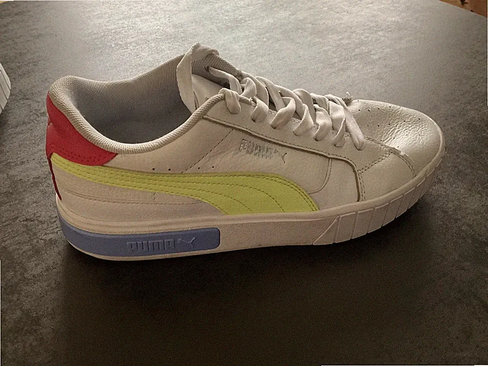 PUMA Damen Sneaker Weiß/Gelb/Rot Leder Low Top Plateausohle Turnschuhe EU 42,5