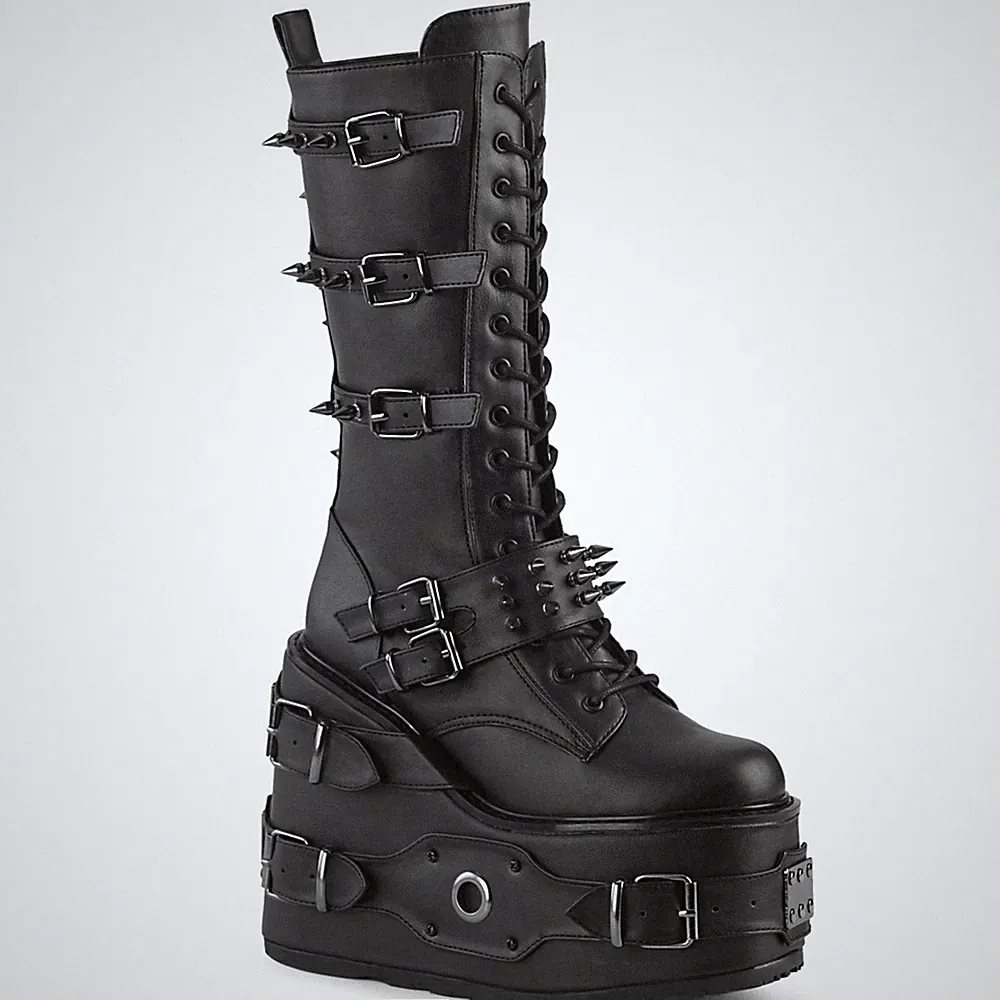 Sale SWING-327 Damenia Keilplateau Schnürstiefel schwarz Lederoptik m. Spikes 37