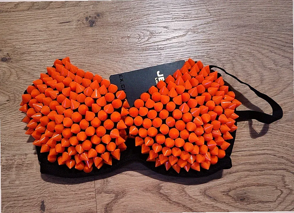Sexy Nieten BH Damen Unterwäsche Spikes Dessous neonorange Party Gogo hot Gr. 36