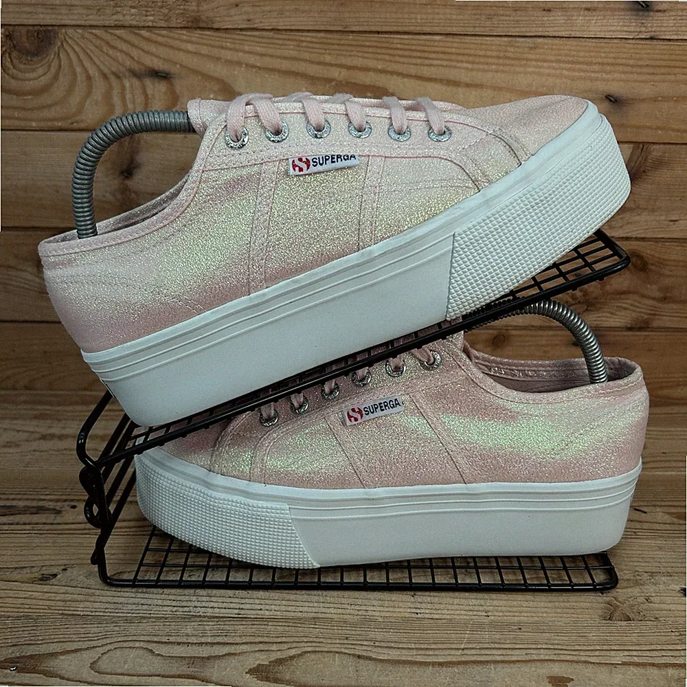 Superga 2790 Sneaker Damen Größe UK 7 Rosa Glitzer Plateau Lahm Sommerschuhe