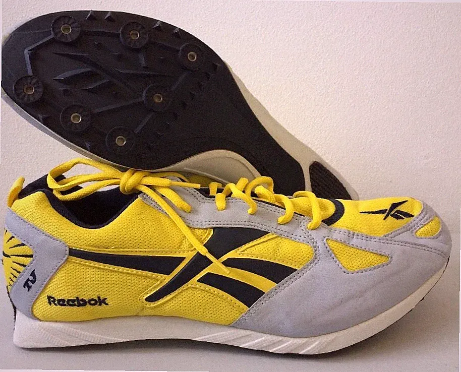 Vintage Reebok Laufschuhe Spikes UK 14 gelb schwarz & grau (T205)